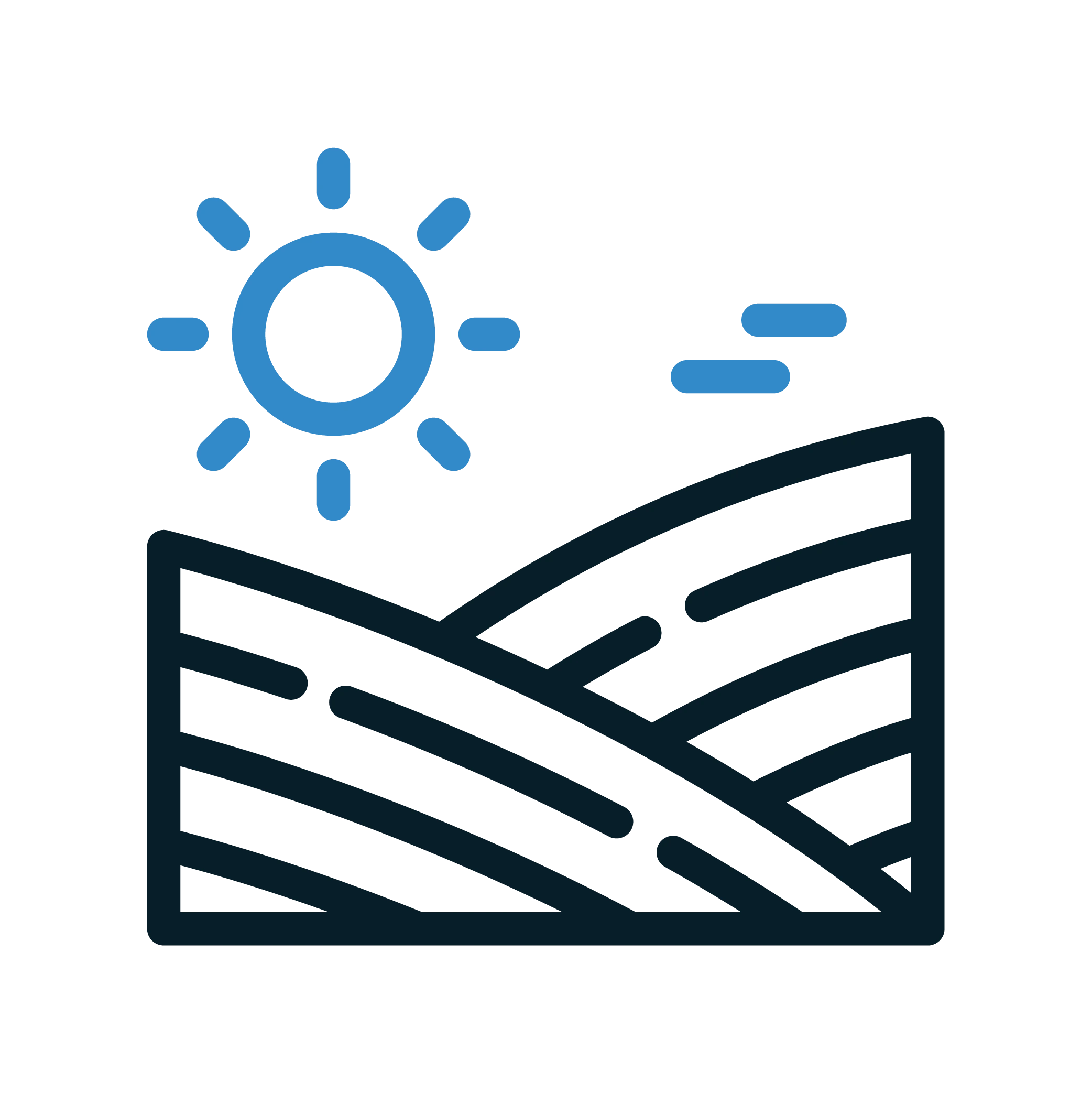 Dark blue icon of Texas hills with a lighter blue sun icon above them.