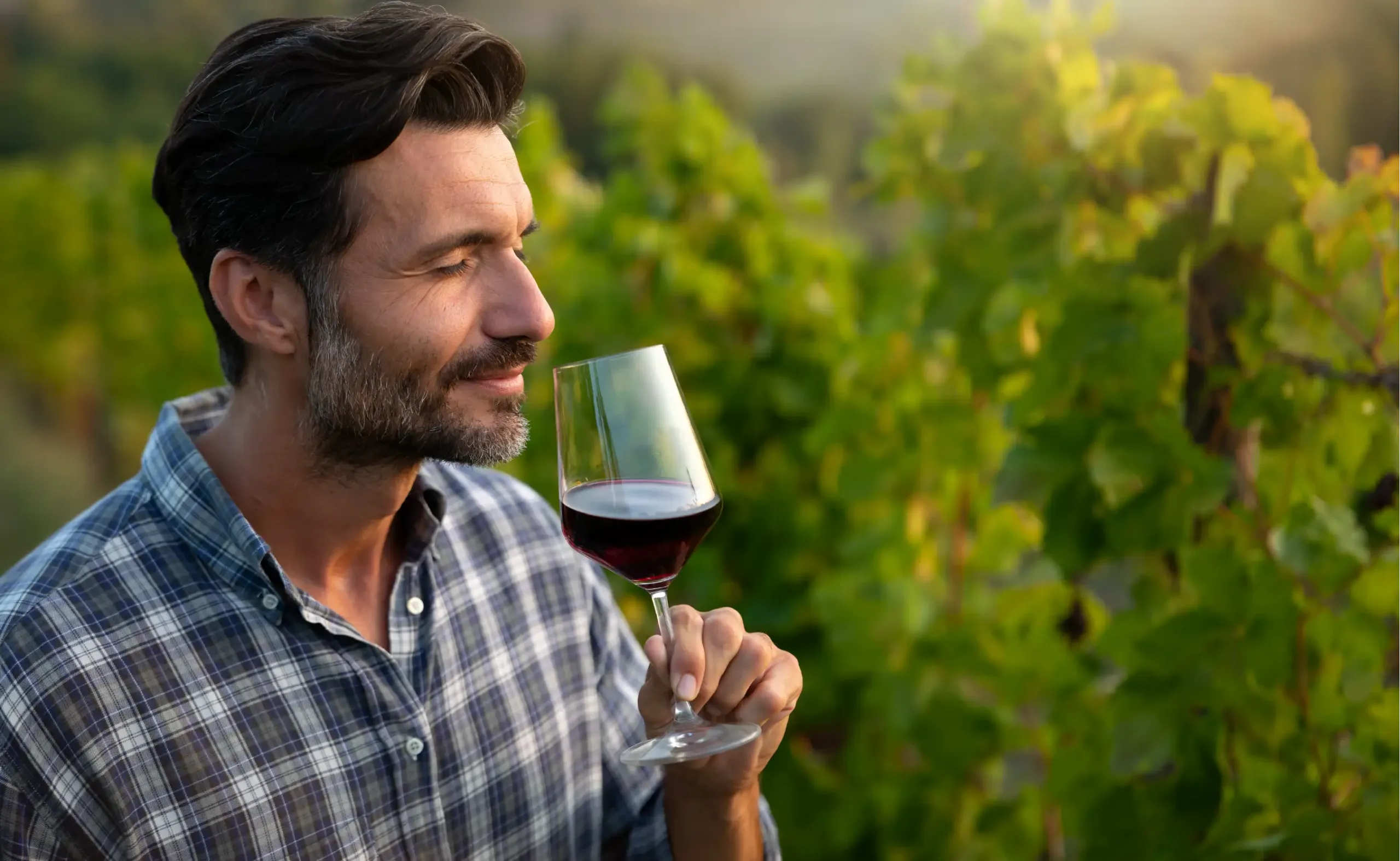 A man holding a wine glass at a wine tasting.