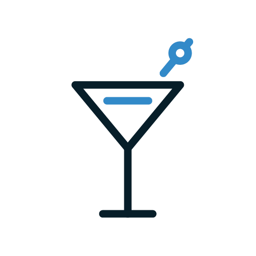 Dark blue and light blue icon of a martini glass.