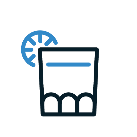 Dark blue and light blue icon of a whiskey glass with ice.